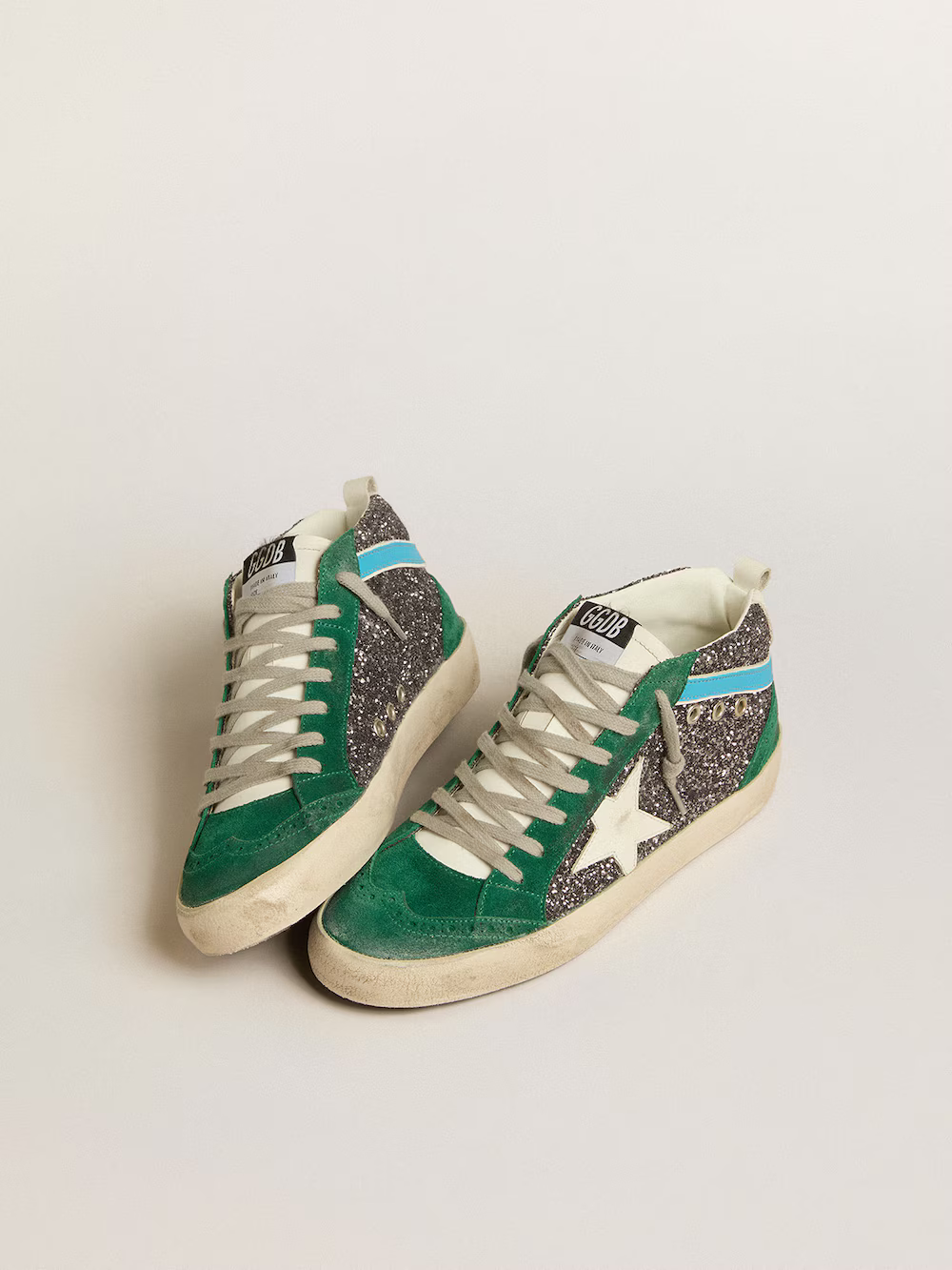 Baskets Golden Goose Mid Star – Daim vert et paillettes