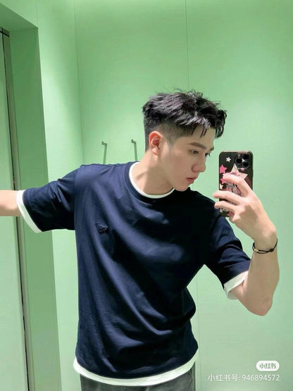 T-shirt Prada bleu marine à bordures contrastées