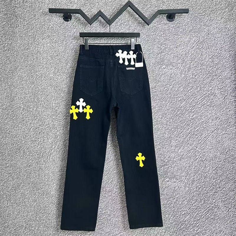 CHROME HEARTS WHITE YELLOW CROSS PATCH JEANS BLACK