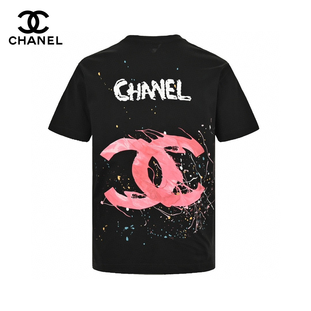 T-shirt noir Chanel à logo rose éclaboussé