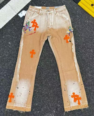 CHROME HEARTS ORANGE BROWN CROSS PATCH JEANS BEIGE