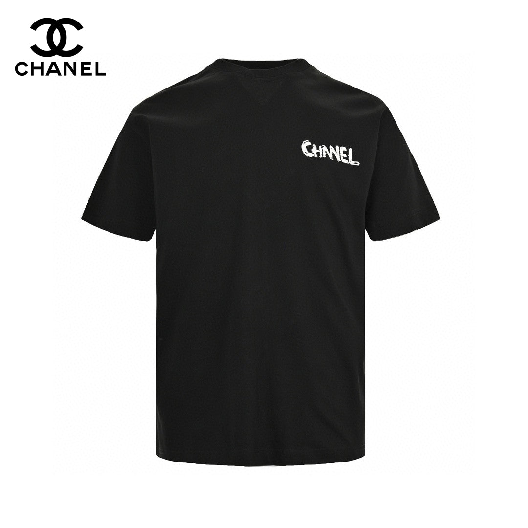 T-shirt noir Chanel à logo rose éclaboussé