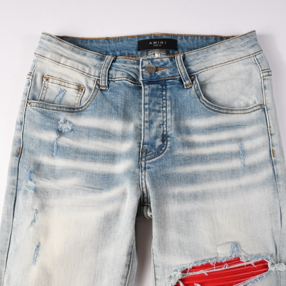 Amr Red Patch Ripped Jeans