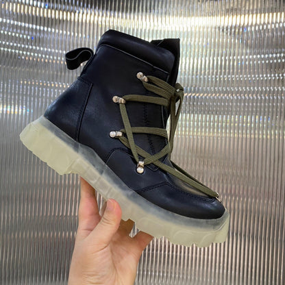 Bottes de combat Rick Owens - Cuir noir avec lacets olive et semelle translucide