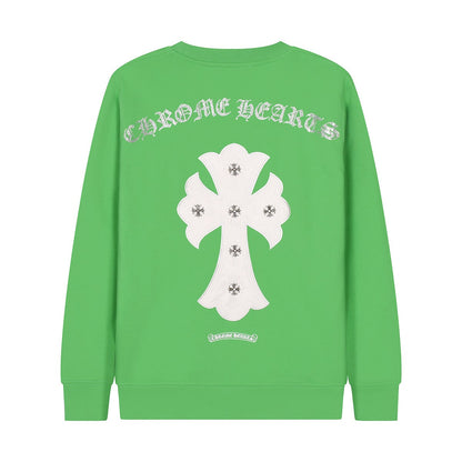 SWEAT-SHIRT VERT À CŒURS CHROMÉS ET CROIX BLANCHES