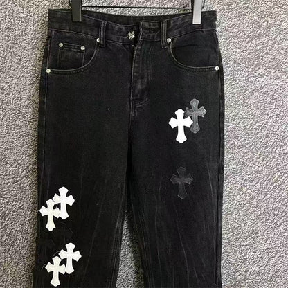 CHROME HEARTS WHITE CROSS PATCH JEANS BLACK