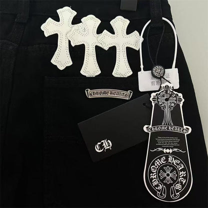 CHROME HEARTS WHITE YELLOW CROSS PATCH JEANS BLACK