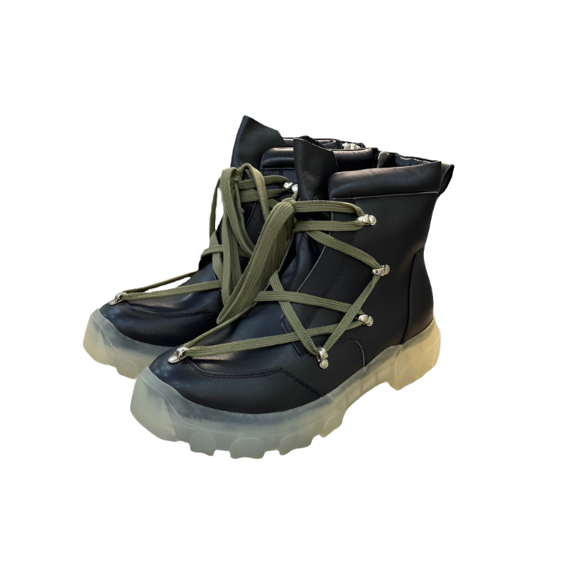 Bottes de combat Rick Owens - Cuir noir avec lacets olive et semelle translucide