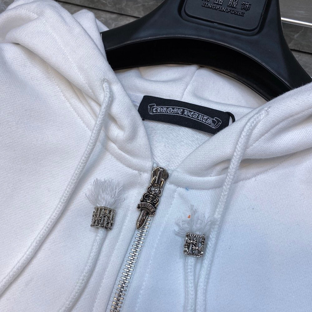 Sweat à capuche zippé blanc à écusson croisé multicolore Chrome Hearts