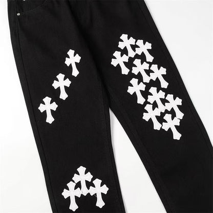 CHROME HEARTS WHITE YELLOW CROSS PATCH JEANS BLACK