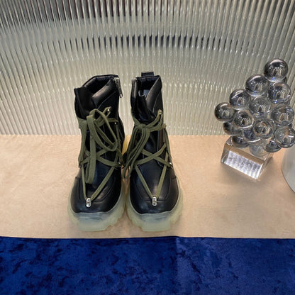 Bottes de combat Rick Owens - Cuir noir avec lacets olive et semelle translucide