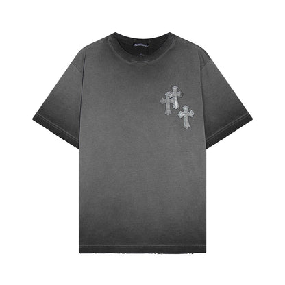 T-SHIRT À ÉCUSSON CROISÉ CŒURS CHROMÉS GRIS DÉLAVÉ