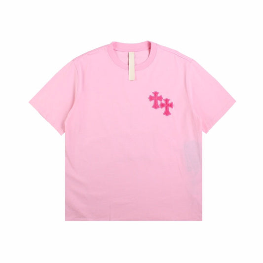 T-SHIRT ROSE AVEC LOGO DE FER À CHEVAL ET CŒURS CHROMÉS