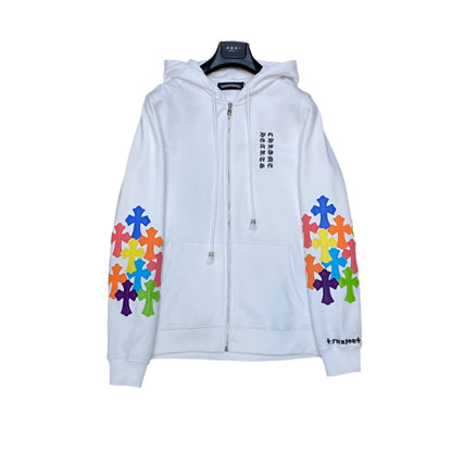 Sweat à capuche zippé blanc à écusson croisé multicolore Chrome Hearts