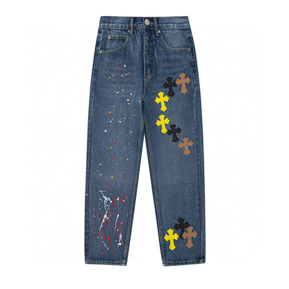 CHROME HEARTS PAINT DRIP CROSS PATCH JEANS DENIM