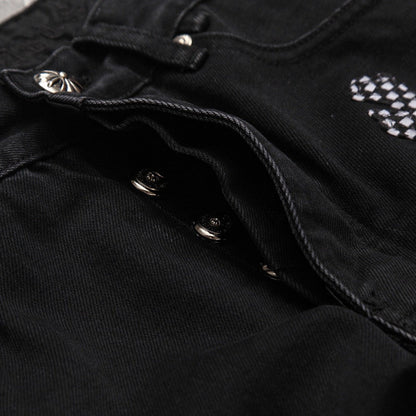 Jean Fleurknee noir à motifs de cœurs chromés roses et à carreaux croisés