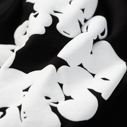 Sweat à capuche noir en coton avec motif de déchirures de denim et couronne