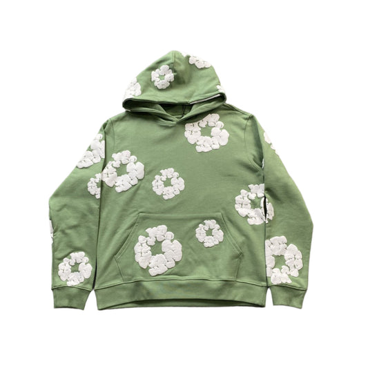 Sweat à capuche en coton vert clair avec motif de larmes de denim