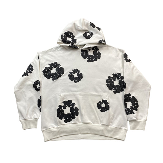 Sweat à capuche blanc en coton avec motif de déchirures de denim