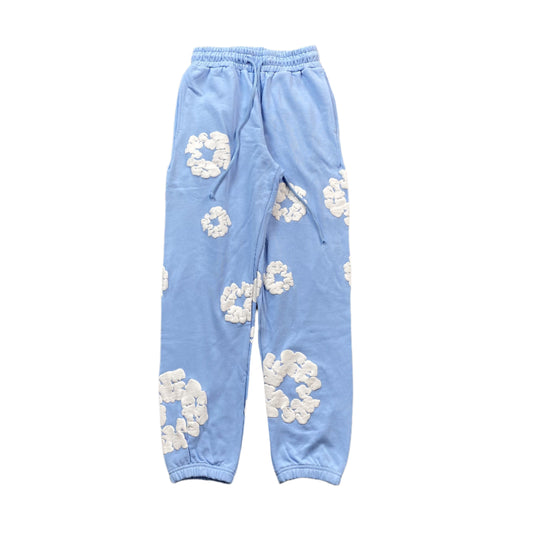 Pantalon de survêtement bleu clair à motif de couronne en coton et denim déchiré