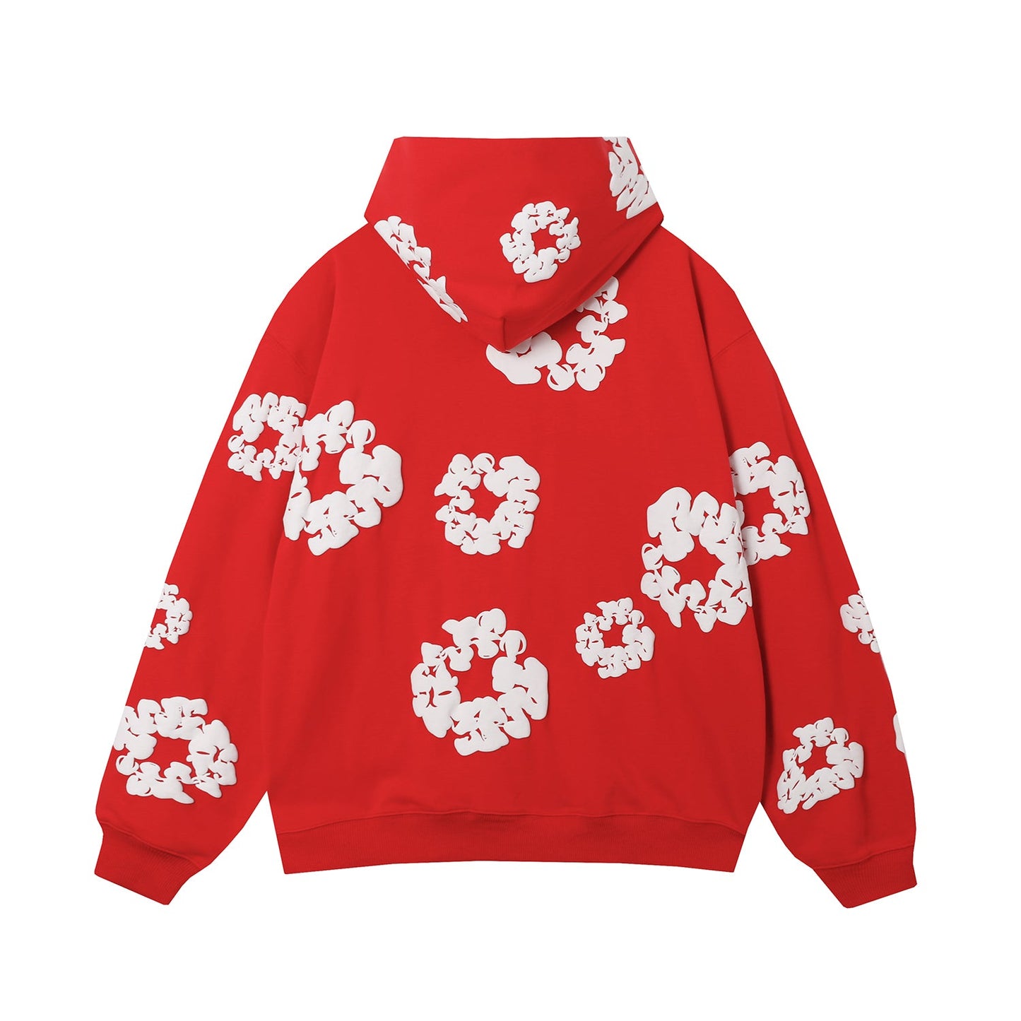Sweat à capuche rouge en coton avec motif de déchirures de denim