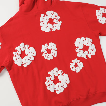 Sweat à capuche rouge en coton avec motif de déchirures de denim