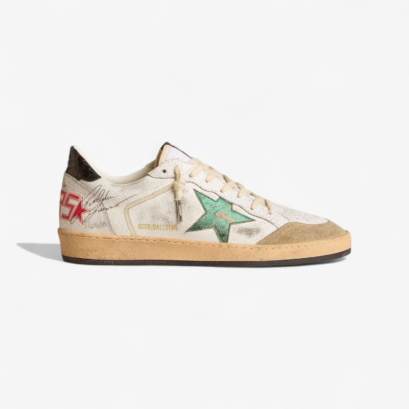 Baskets Golden Goose Ball Star – Vert pailleté et blanc vintage