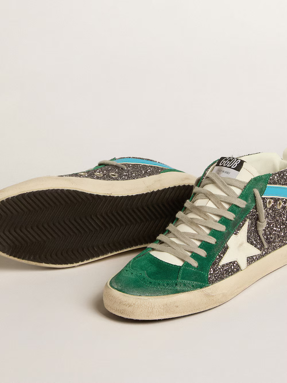 Golden Goose Mid Star Sneaker – Green Suede & Glitter Combo