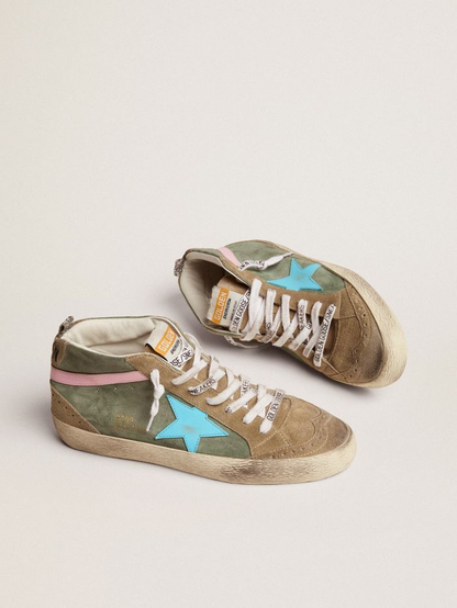 Mid Star Ltd Sneakers In Military Green Suede With Sky-blue Leather Star And Pink Leather Flash