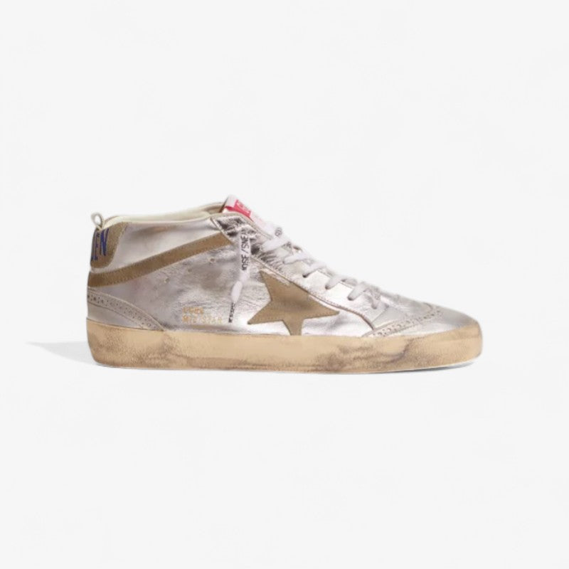 Mid Star Sneakers In Silver Metallic Leather With Star And Flash In Dove-gray Suede