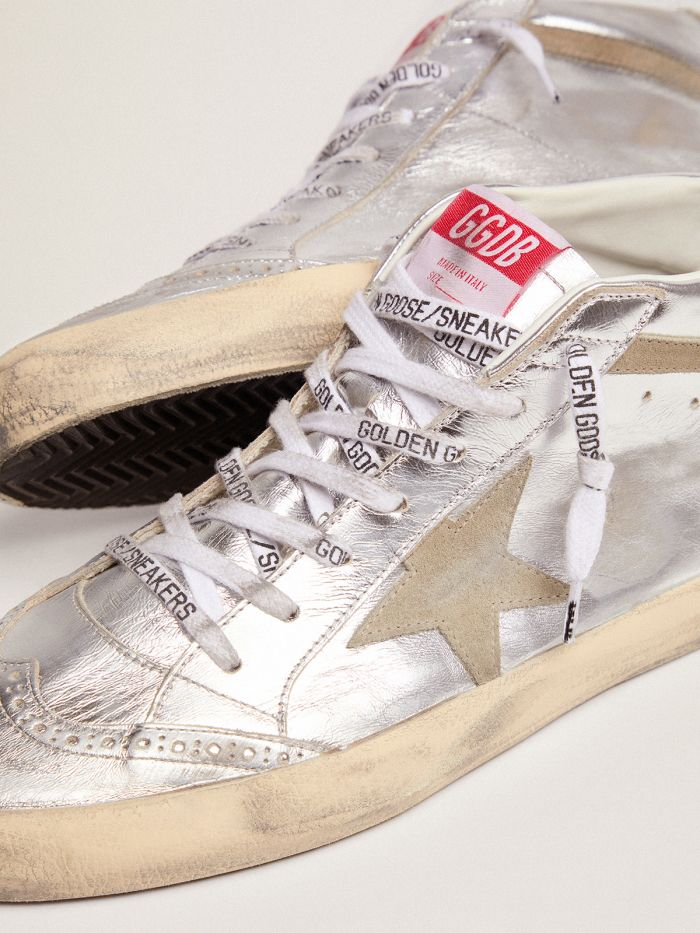 Mid Star Sneakers In Silver Metallic Leather With Star And Flash In Dove-gray Suede