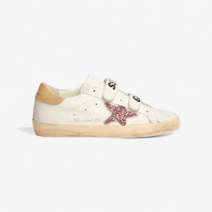 Old School Sneakers With Pink Glitter Star And Sand-colored Suede Heel Tab