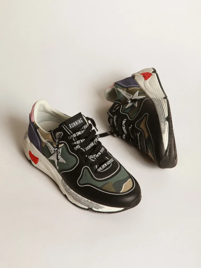 Running Sole Sneakers In Camouflage Canvas With Silver Laminated Leather Star And Baby-pink Leather