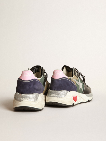 Running Sole Sneakers In Camouflage Canvas With Silver Laminated Leather Star And Baby-pink Leather