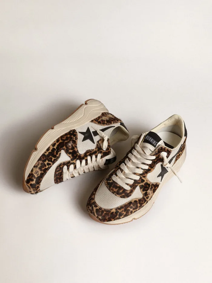 Running Sole Sneakers In Cream-colored Mesh With Leopard-print Pony Skin Inserts And Black Leather