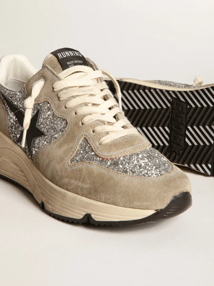 Running Sole Sneakers in Silver Glitter and Dove-gray Suede With Black Leather Star