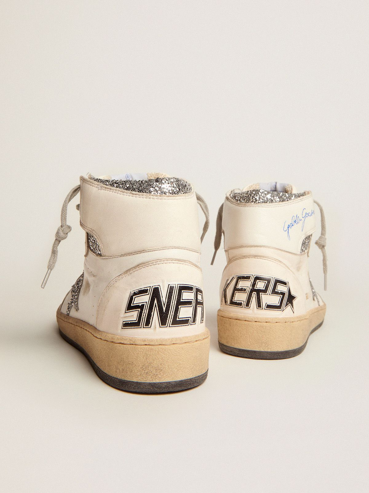 Sky-star Sneakers With Signature On The Ankle And Silver Glitter Inserts