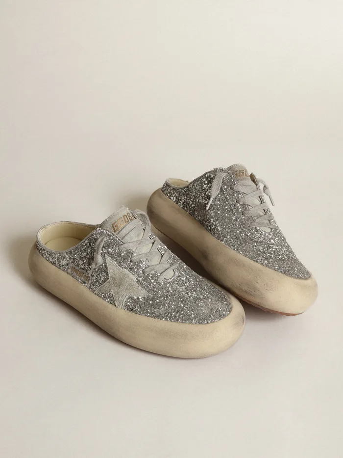 Space-star Sabots In Silver Glitter With Ice-gray Suede Star And Tongue