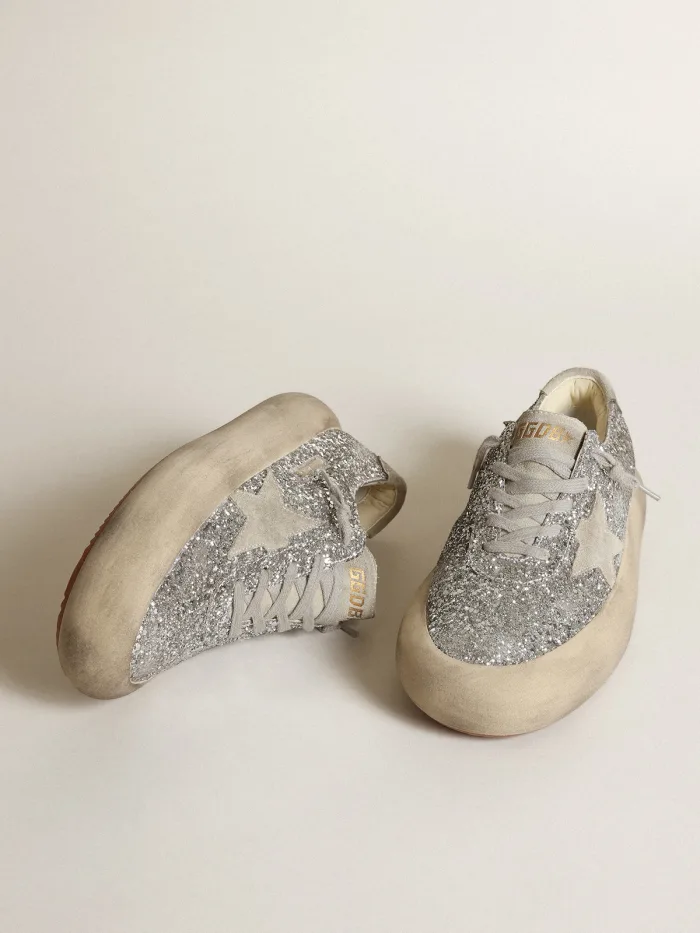 Space-star Shoes In Silver Glitter With Ice-gray Suede Star And Heel Tab