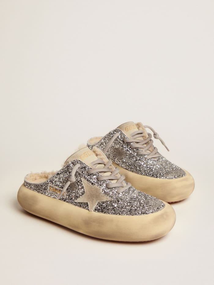 Space-star Sabot Shoes In Silver Glitter With Shearling Lining