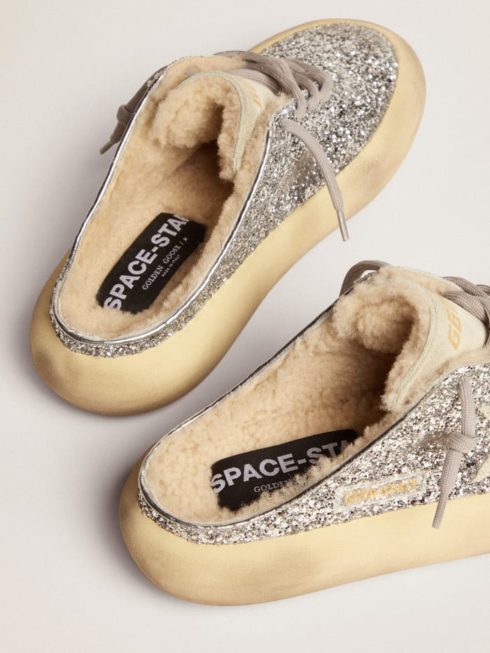 Space-star Sabot Shoes In Silver Glitter With Shearling Lining