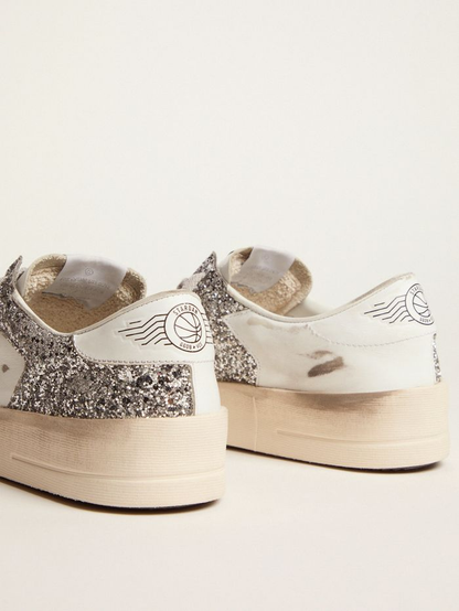 Stardan Sneakers In White Leather And Silver Glitter