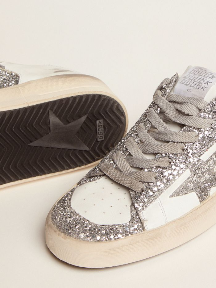 Stardan Sneakers In White Leather And Silver Glitter
