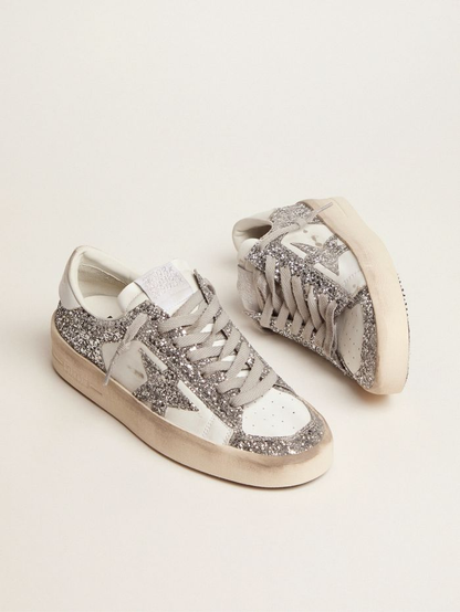 Stardan Sneakers In White Leather And Silver Glitter