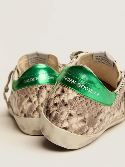 Super-star Ltd Sneakers With Snake-print Leather Upper And Green Laminated Leather Heel Tab