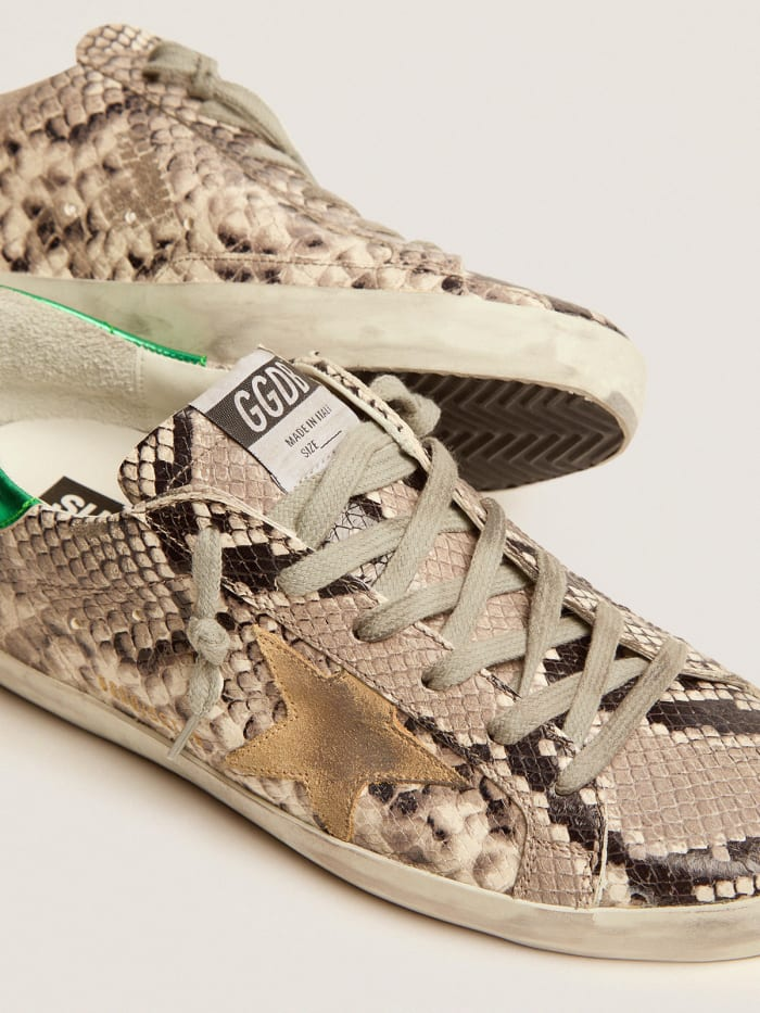 Super-star Ltd Sneakers With Snake-print Leather Upper And Green Laminated Leather Heel Tab