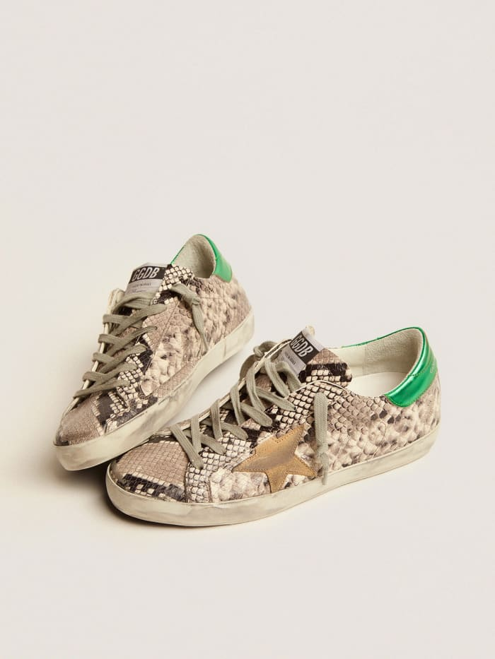Super-star Ltd Sneakers With Snake-print Leather Upper And Green Laminated Leather Heel Tab