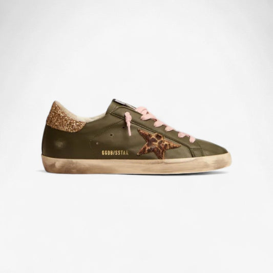 Super-star Sneakers In Dark Green Leather With Gold Glitter Heel Tab