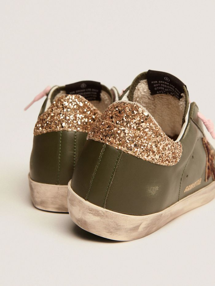 Super-star Sneakers In Dark Green Leather With Gold Glitter Heel Tab
