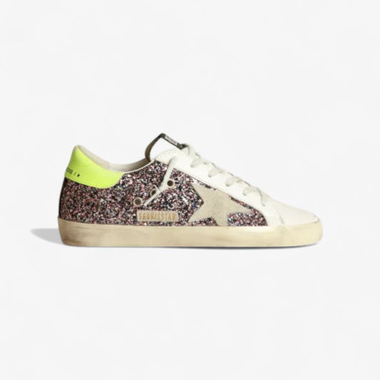 Super-star Sneakers In Gray And Pink Glitter With Ice-gray Suede Star And Fluorescent Yellow Leather